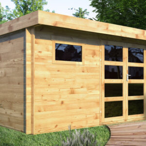 Abri de jardin bois Ep. 28mm, 13 m² – toit plat – Neuf – DESTOCKAGE